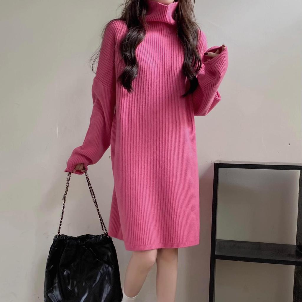 Korean Style High Neck Loose Sweater Dress - Petite Medium Length, Autumn/Winter