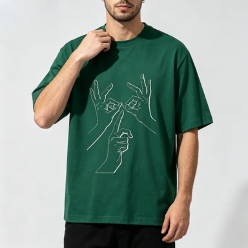 Unisex 100 Cotton Crew Neck T Shirt Minimal White Line Three Hands Gesture Sketch Loose Short Sleeve Street Casual Tops For Unisex