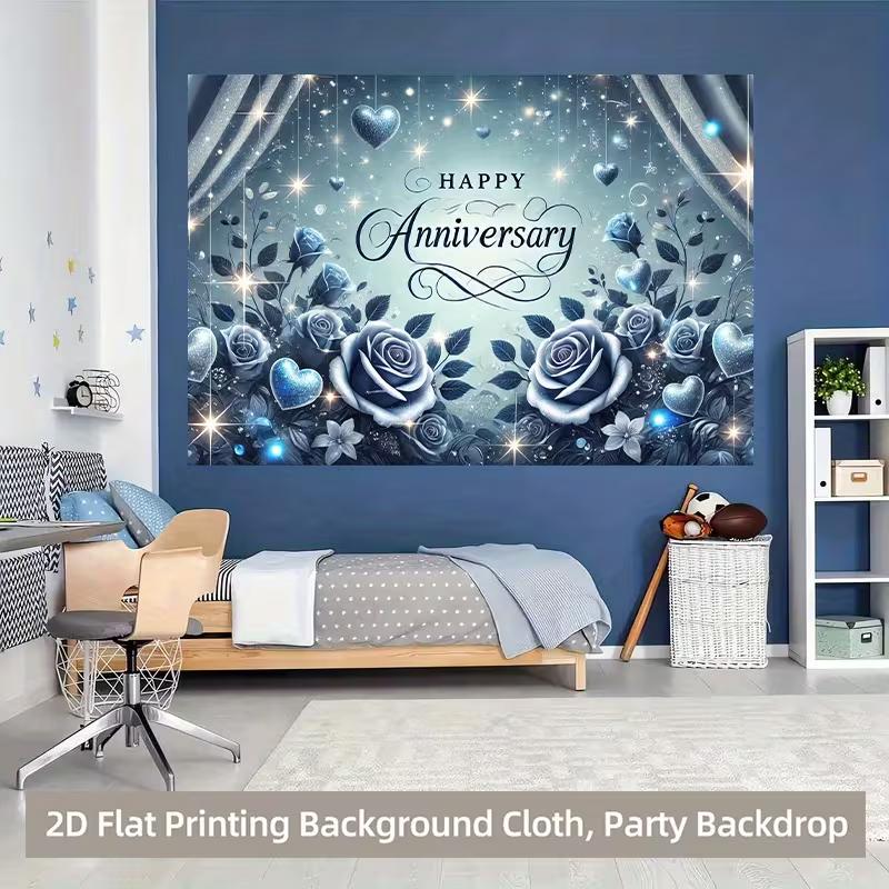 Romantic Anniversary Backdrop, Glamorous Blue Design with Roses, Hearts and Sparkles, Festive and Elegant Party Wall Decor