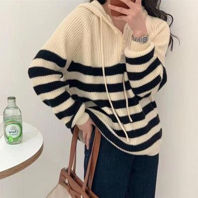 Hooded Stripe Pullover Sweater Women Slouchy Style Gently Knitwear Autumn New Loose Fashion Casual Pullover Sweater Female