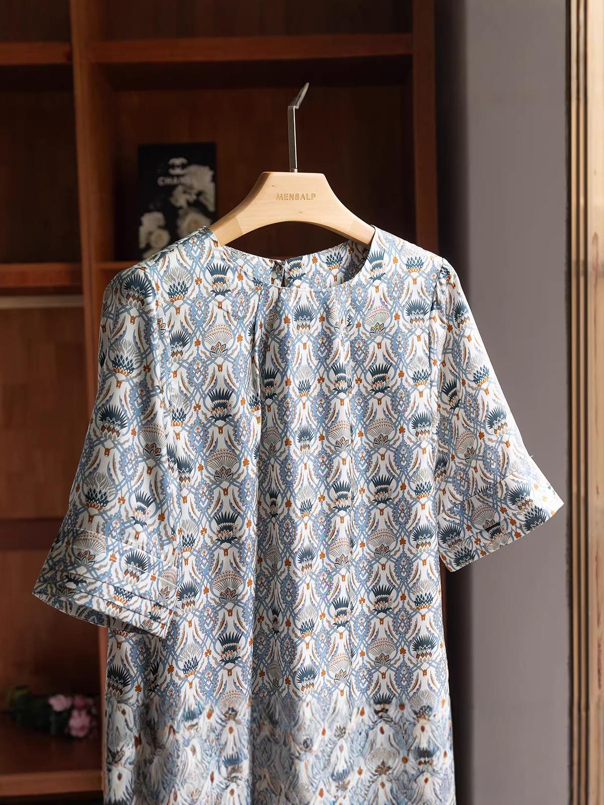 Mulberry Silk Thistle Print Silk Twill Round Neck Short Sleeve Dress