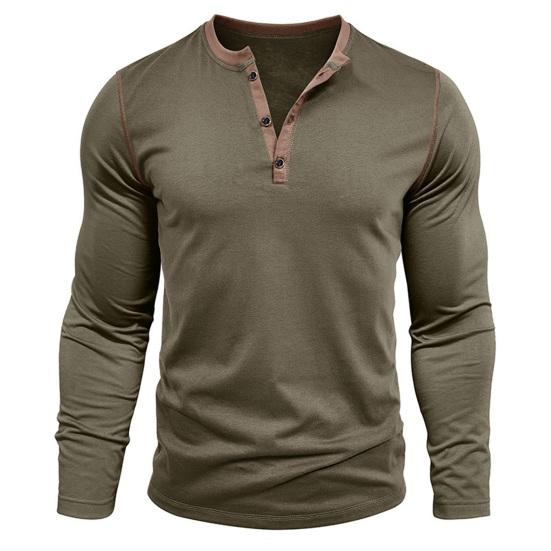 Fall Spring Men Shirt Buttoned Stand Collar Color Matching Pullover Slim Fit Mid Length Casual Daily
