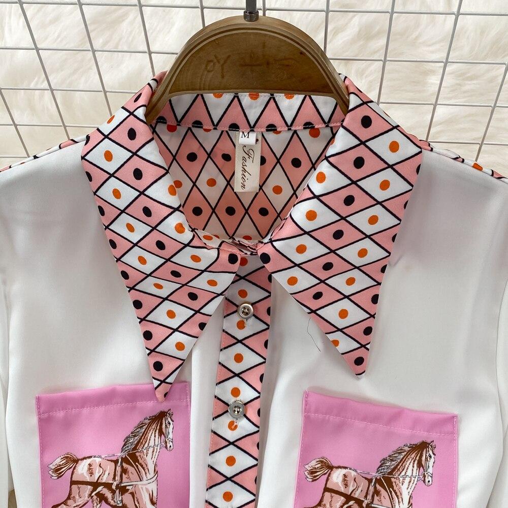 Fashion Suit Ladies Temperament Positioning Printing Loose Long Sleeved Shirt Two-Piece Set High Waist Skirt Short Skirt Spring