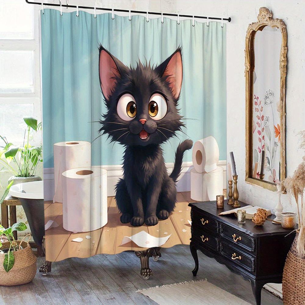 1 x Playful Black Cat Shower Curtain with Toilet Paper Roll - Fun Cartoon Design, Light Blue Bathroom Decor, Polyester Fabric
