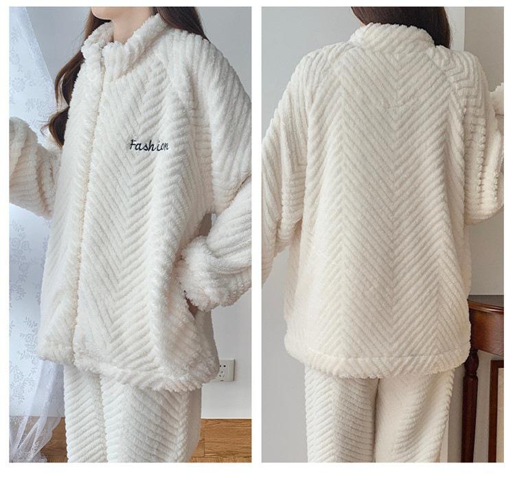 Pijamale Jacquard din Fleece Coral pentru Femei: Cardigan drăguț, călduros, cu guler înalt cu fermoar pentru toamnă și iarnă