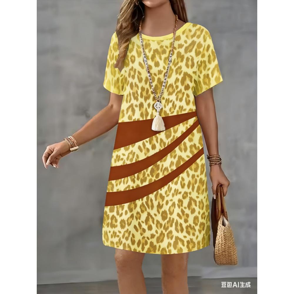 Short-sleeved fashionable yellow leopard print 3D printed women's round-neck loose mini dress for casual wear