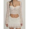 French Pure Desire Lace Sexy Low Cut Square Collar Long Sleeve Tops Chic Ruched Ruffles Hip Bag Skirt Outfit Women