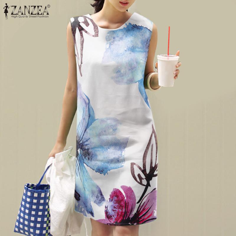 

ZANZEA Женское летнее платье без рукавов с цветочным принтом и круглым вырезом S белый