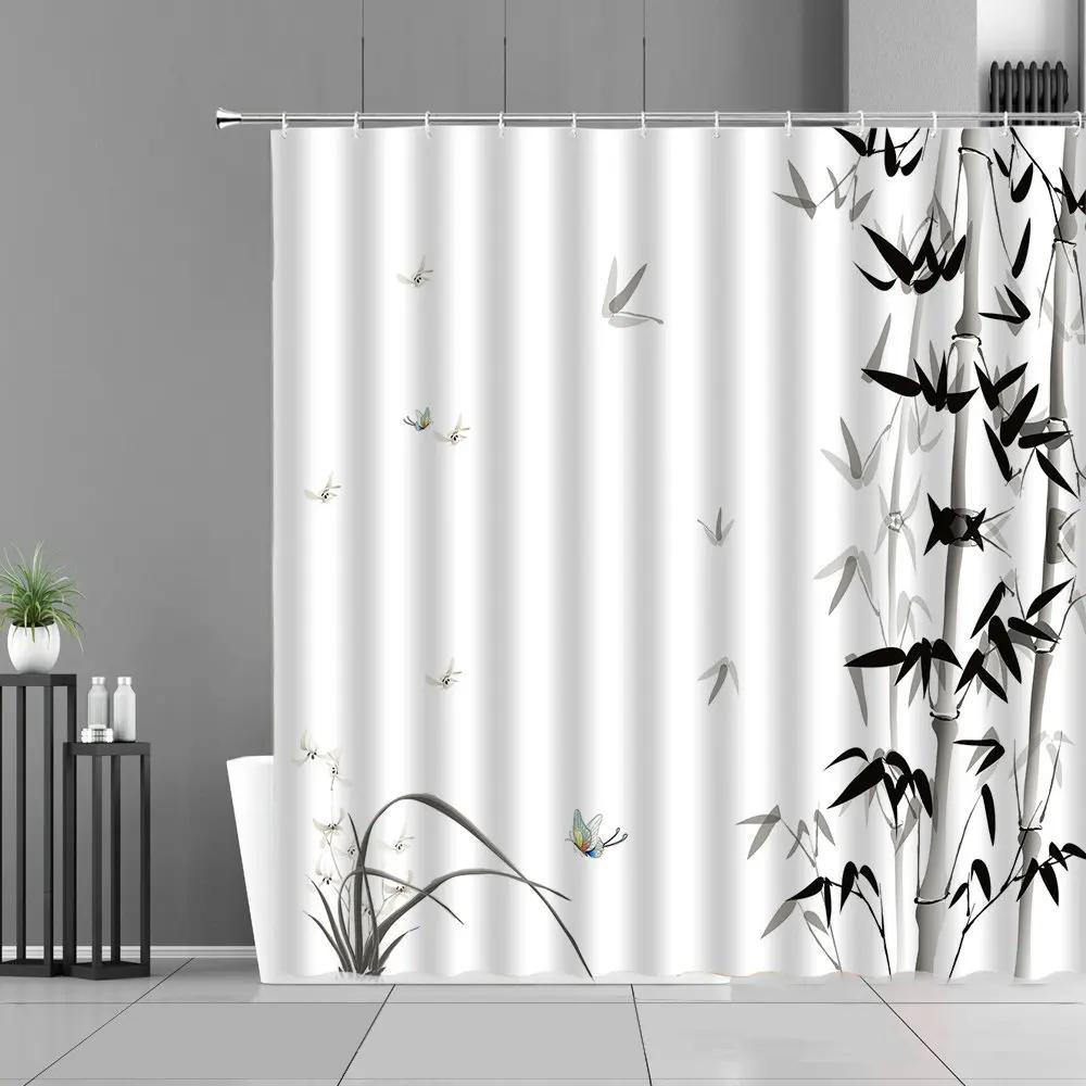 Waterproof Ink Painting Bamboo Leaves Bird Shower Curtains, Mountain Water Plant Landscape, Bathroom Curtain, Home Decor