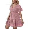 Plus Size V-neck Ruffle Short Sleeve Wrapped Printed Dress for Women Fashion Elegant Party Short Dress Loose Casual Sweet A-line Dresses Holiday