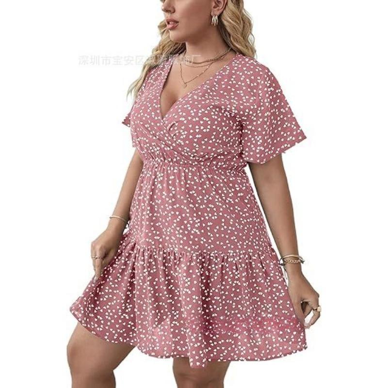 Plus Size V-neck Ruffle Short Sleeve Wrapped Printed Dress for Women Fashion Elegant Party Short Dress Loose Casual Sweet A-line Dresses Holiday