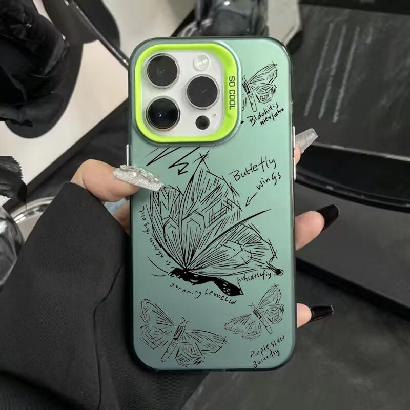 Sketch Lines Butterfly Electroplate Silver IMD Case For iPhone 15 16 Pro Max 14 13 12 11 Pro X XS 7 8 Plus Shockproof Back Cover