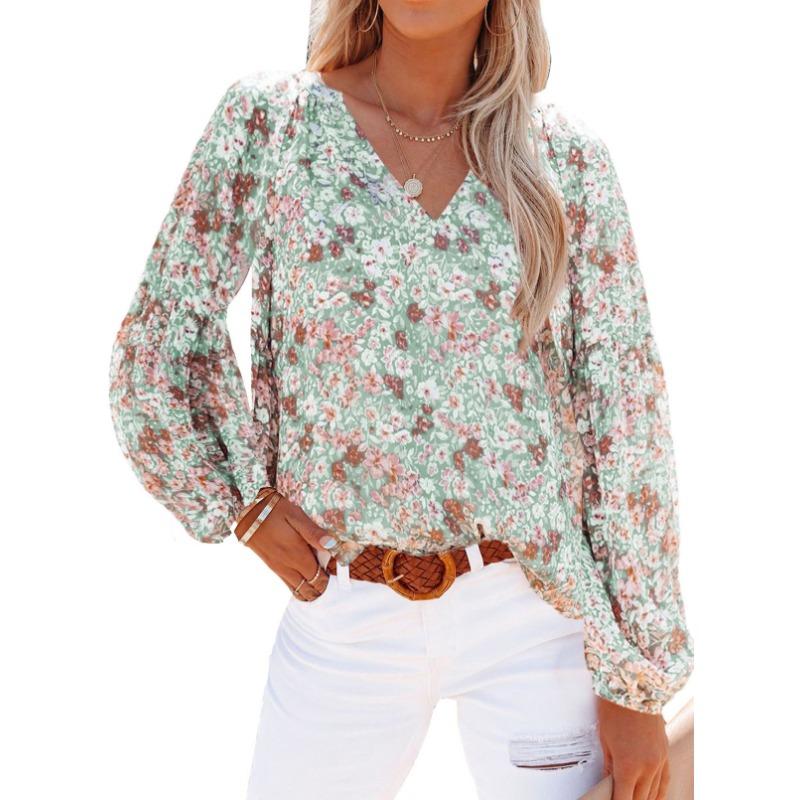 YYFS Women's Fashion Casual Spring Autumn Flower Pattern Print Long Sleeve V-Neck Blouses & Shirts