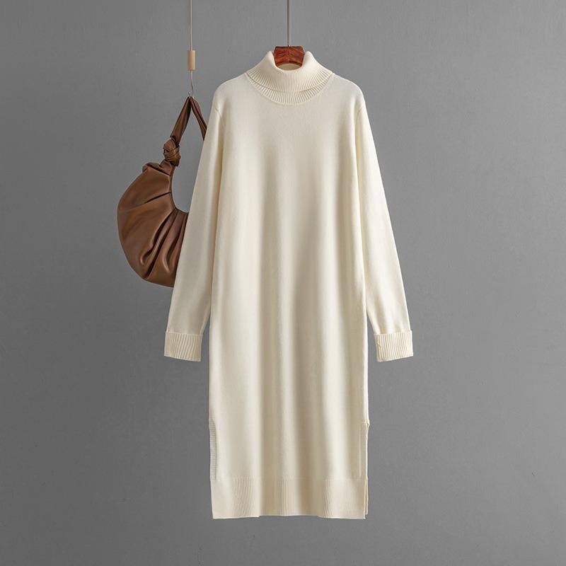 Women's Clothing, New Casual Solid Color Turtleneck Knitted Sweater Slit Primer Dress In Autumn and Winter