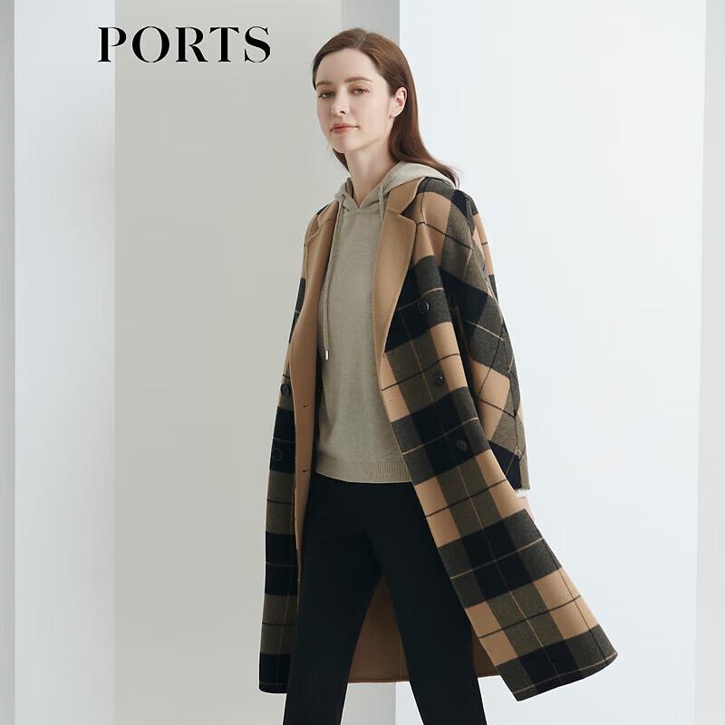 PORTS Women's Black Check Wool Blend Mid-Length Coat