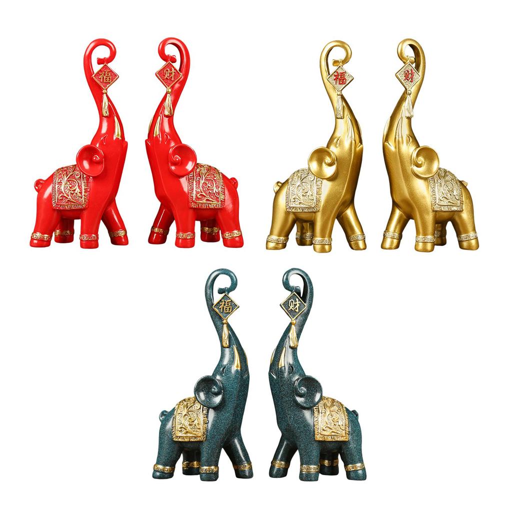 Good Luck Couple Elephants Statue Figurines Decorative Accent with Trunk up Sculpture for Home Desktop Decoration Gifts Ornament
