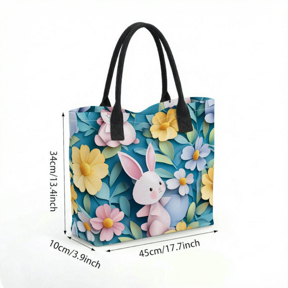 Cute Rabbit Floral Printed Tote Bag Casual Large Capacity Handbag for Daily Use