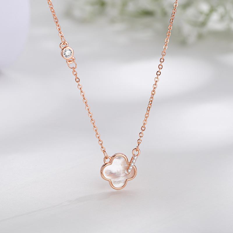 Four-Leaf Clover S925 Silver Necklace with Mother-of-Pearl Pendant - Versatile and Stylish Collarbone Chain 925 Silver розового золота