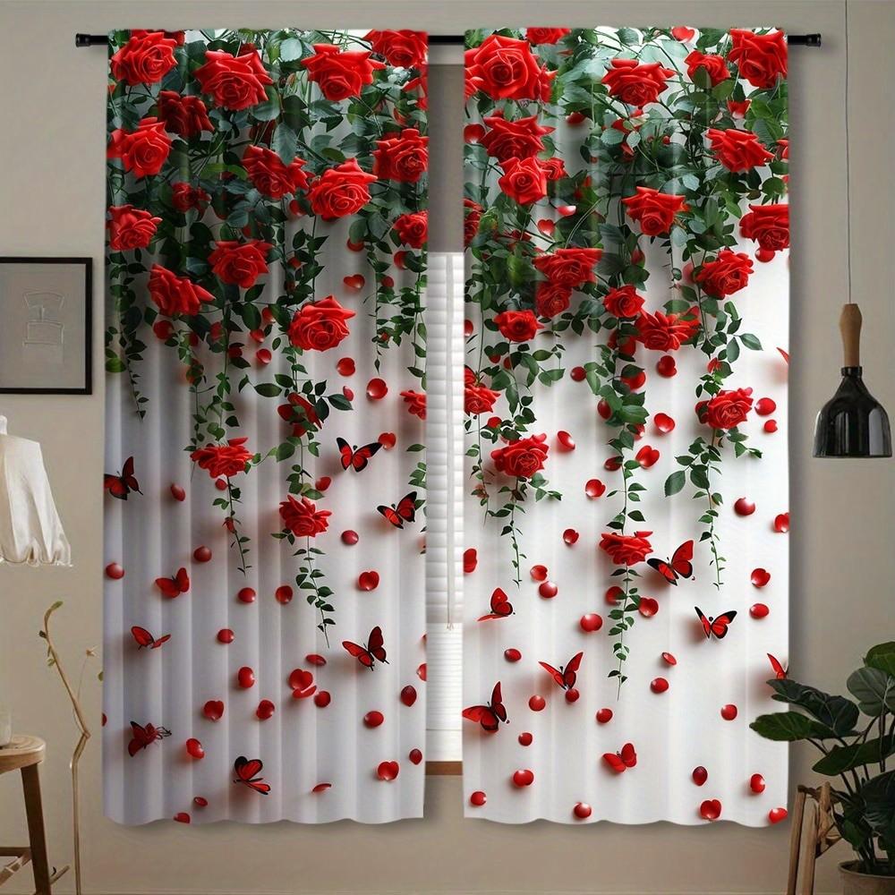 

2 pieces romantic red rose and butterfly print curtains, 2D flat digital design, light filtering fabric, perfect for living room 24x59in(60x150CM)x2&Rod Pocket