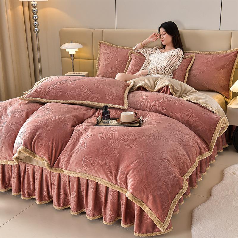 Class A Maternal And Infant Grade High-Gram Carved Fleece Milk Fleece Bed Skirt4-Pcs Set, Winter Double-Sided Fleece Quilt Cover