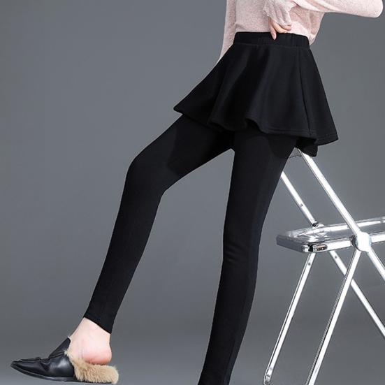 Women Winter Culottes Pants Solid Color High Waist Pleated Skirt Pants Fake Two Piece Leggings-Skirt Combo