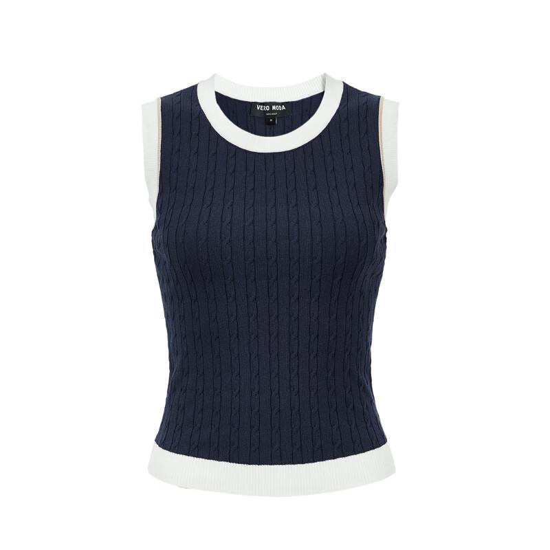 VEROMODA Women's Slim-Fit Sleeveless Knit Top with Twist Texture and Contrast Cuffs