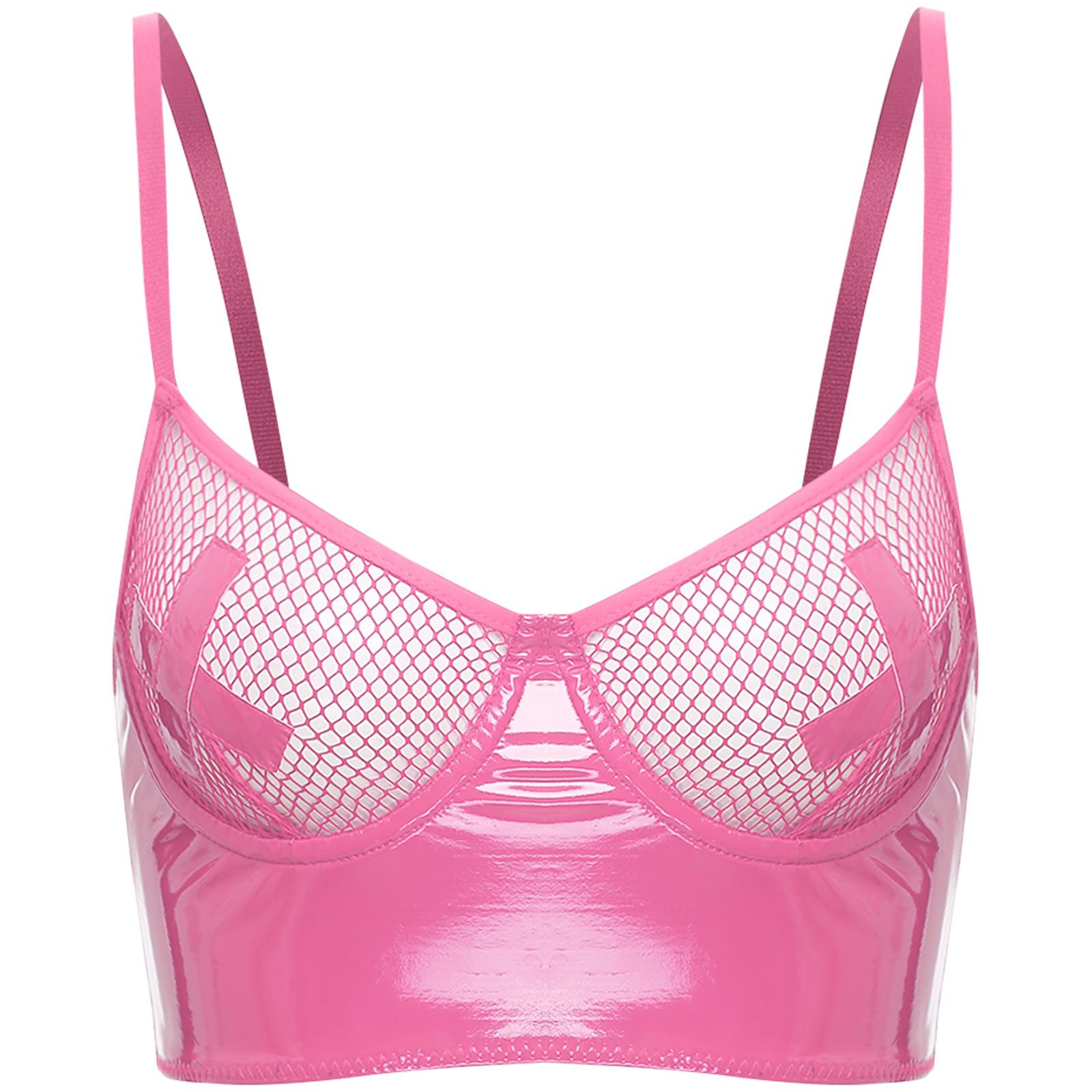 

Жіночий сітчастий бюстгальтер на кісточках з пуш-ап підвіскою, балконет, бюстьє, мокрий вигляд, укорочений топ на блискавці ззаду S рожевий