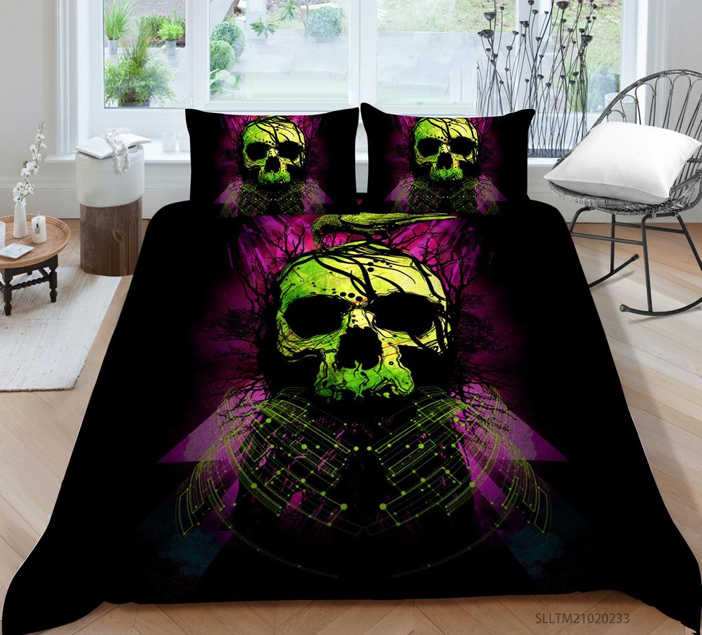3D Black Skull Head Pattern Bedding Single Double Bed Full Size Special Skull Head Print Pillowcase and Quilt Cover 2 or 3 Comfortable Home Decoration