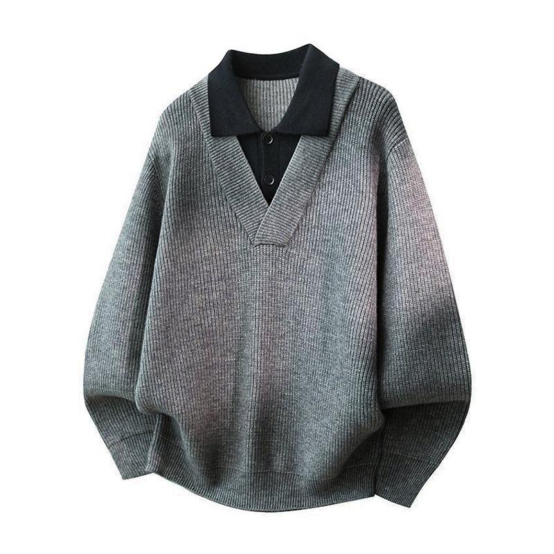 Men's Faux Two-Piece Polo Lapel Knit Sweater – High-End Old Money Style for Autumn/Winter