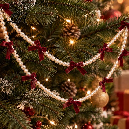 Christmas Window Display Velvet Bow Faux Pearl Garland, 2 Layers Beads Seasonal Home Accents Hanging String Strand for Tree, Wreath, Fireplace,