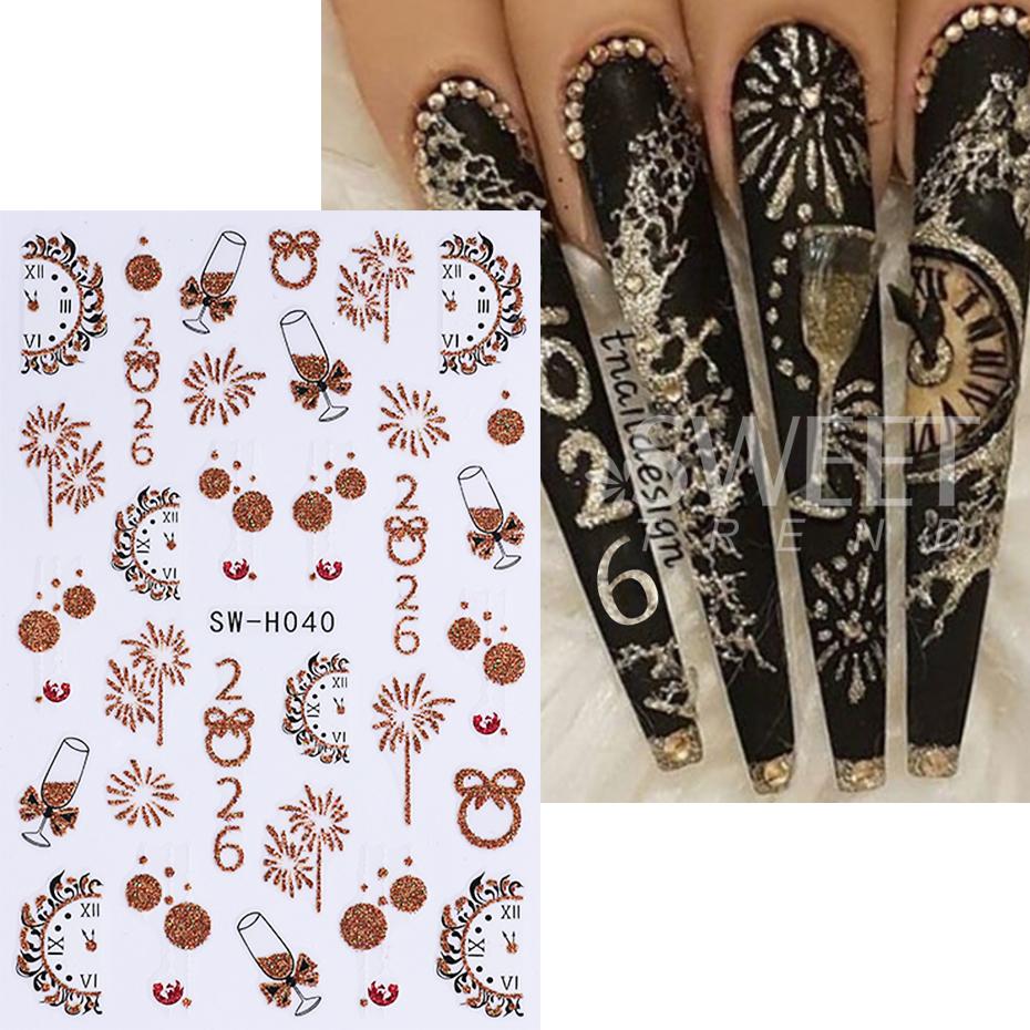 2/3pcs Glitter Christmas Nail Stickers Gold Fireworks Champagne Clock Design Bow New Year Nail Decals Manicure Decor Slider