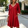 Women's Color V-Neck Sweater Dress with Lace Trim, Button and Two Pockets