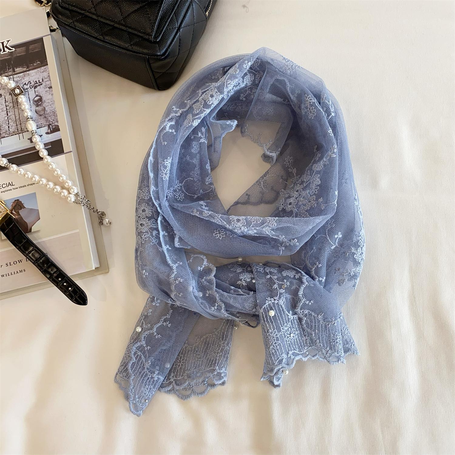 

Vreovor New Lace Small Scarf Bead Embroidery Flower Long Silk Pearl Women S Korean Version Literary And Retro Versatile Shawl