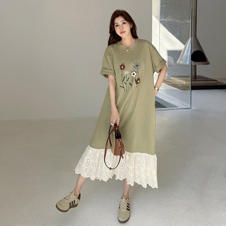 Women Summer Midi Dress O Neck Short Sleeve Patchwork Plus Size Long Dress Loose Lace Ruffles Maxi Dress