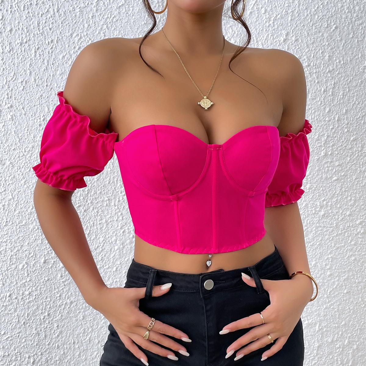 

Повседневная футболка с открытыми плечами, укороченный топ с короткими рукавами, женская футболка с рукавами в виде листьев лотоса, майка с открытой спиной, тонкий женский укороченный топ, модная футболка Y2k L розы красного