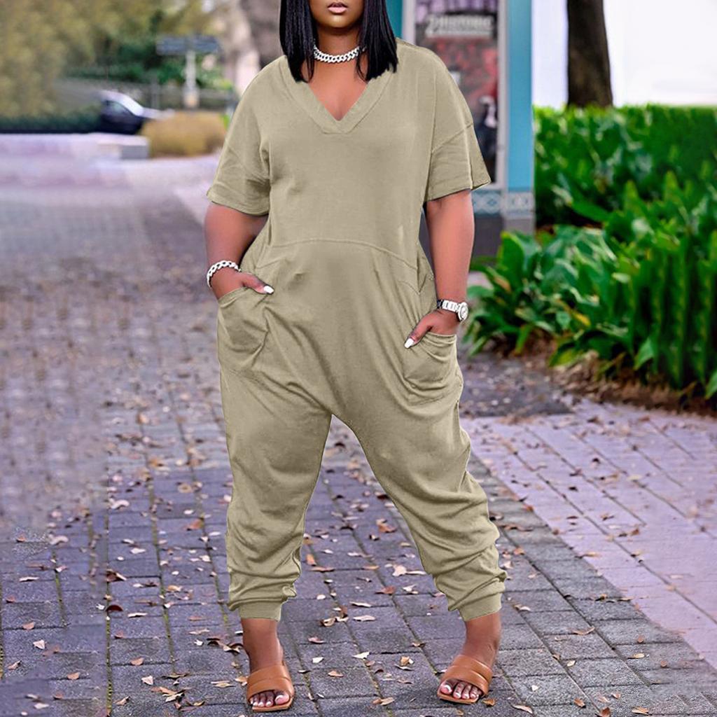 Women's Plus Size Loose Casual Short Sleeve V-Neck Solid Pocket Jumpsuit