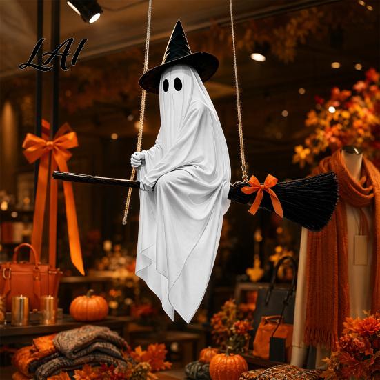 Halloween Tree Hanging Decor Ghost Decoration with Witch Hat and Broom Spooky Flying Cute Broom Ornament for Haunted House Porch Yard Indoor Outdoor