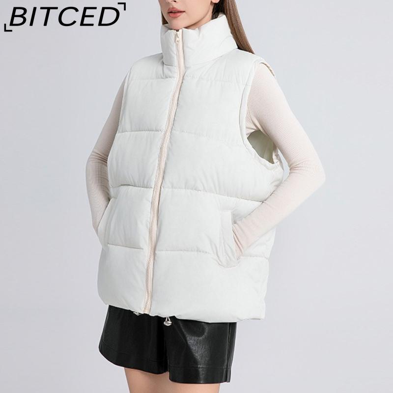 BITCED Women's Autumn/Winter Sleeveless Cotton Coat Mid-Length Stand Collar Thermal Down-Filled Cotton Vest Thickened Waistcoat Outerwear