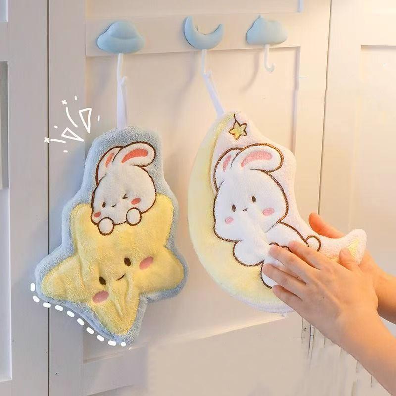Cute Rabbit Pattern Hand Towel Soft Hanging Towels Absorbent Coral Fleece Towel Kitchen Bathroom Double-Thickness Hand Towel