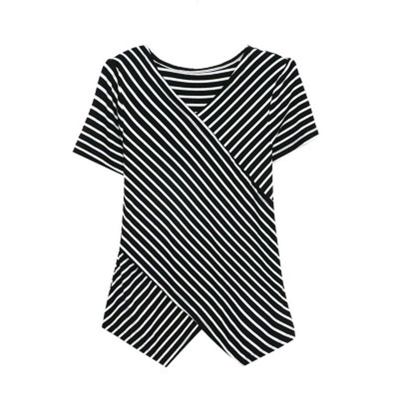 Fashion Casual Women Short Sleeve Irregular Shirt V Neck Stripe Tops Blouse