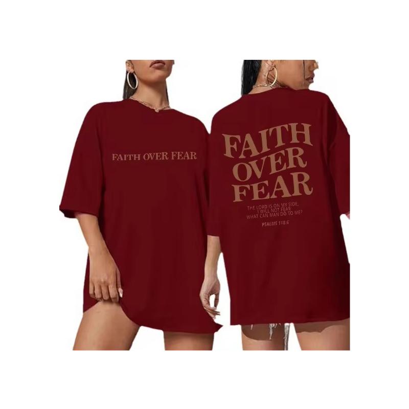 FAITH OVER FEAR T-Shirt W Za Dużym Rozmiarze Chrześcijańskiej Luźnej Koszulki Damskiej Modnej, Bawełnianej Bluzki Estetycznej