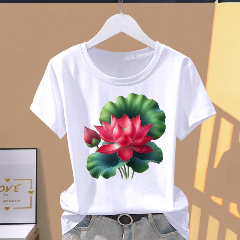 (Asian Size) Letter Flower Trend Short Sleeve T-shirts Women's Top T Clothing Print  Fashion Female Casual O-neck Graphic Tee