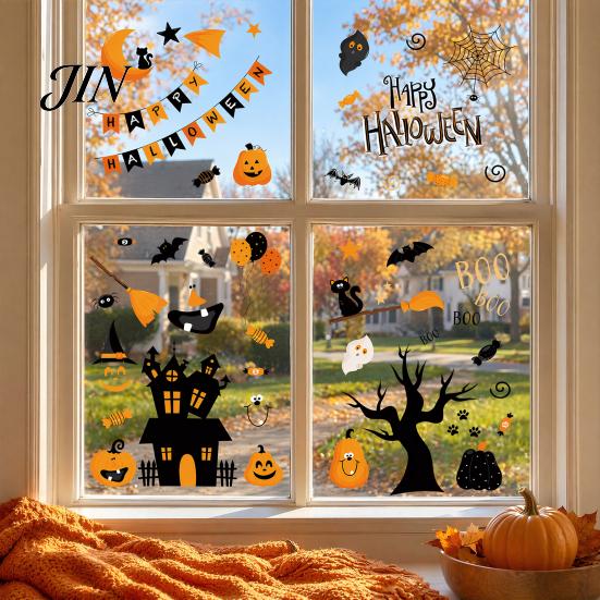 Cartoon Pumpkin Window Cling 4 Sheets Halloween Electrostatic Glass Stickers, Pumpkins Castle Bats Bright Color Decals PVC Waterproof Static