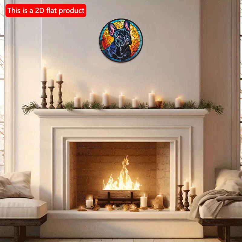 2d Flat 20*20cm, Dog Round Wooden Sign, Animal French Bulldog Wreath Sign, Round Wreath Sign, for Home, Kitchen, Garden, Bedroom, Bar Decoration.