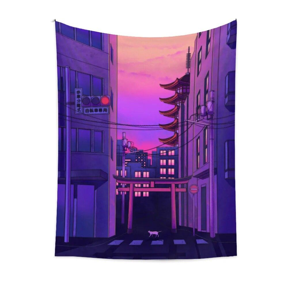 Purple landscape city building tapestry anime character wall hanging cloth bedside carpet room decoration tapestry
