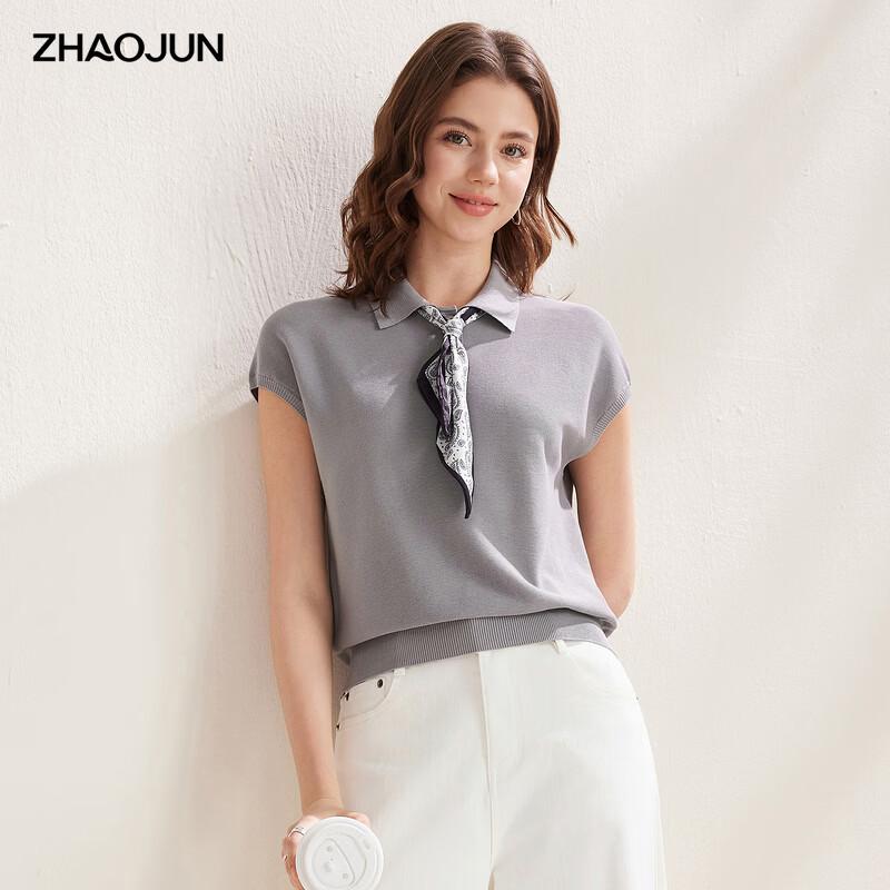 Zhaojun Women s Mulberry Silk Blend Short Sleeve Knit T-shirt with Lapel Collar XL