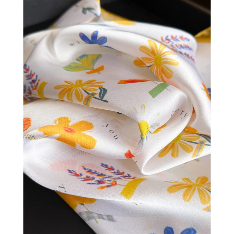 Korean Style Printed Silk Like Square Scarf For Women Sun Protection