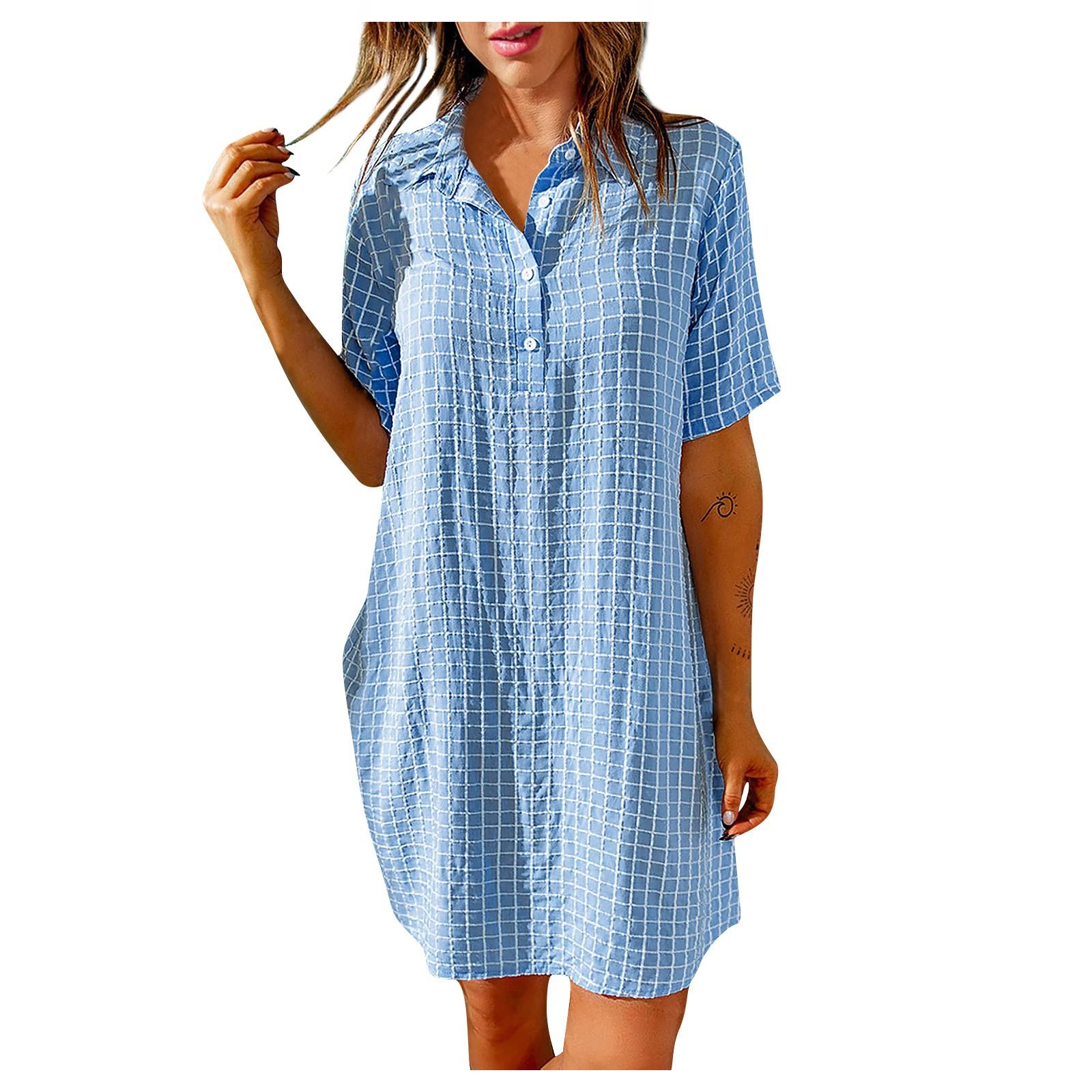 

(SU)Модное женское сексуальное платье-рубашка с коротким рукавом и воротником в клетку с коротким рукавом