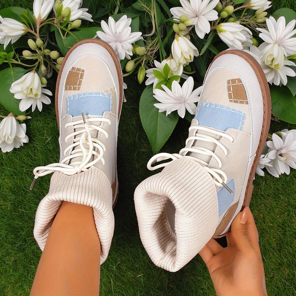 Beige & Blau Karierte Klobige Niedrige Absatz Schnürstiefeletten - Runde Zehenpartie Lässig Winter mit Sohle & Obermaterial aus Stoff
