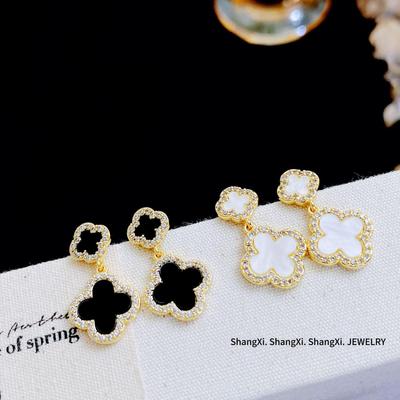 Exquisite Luxury Micro-Paved Zircon Clover Earrings, Women's S925 Silver Needle, Elegant High-End Fashion